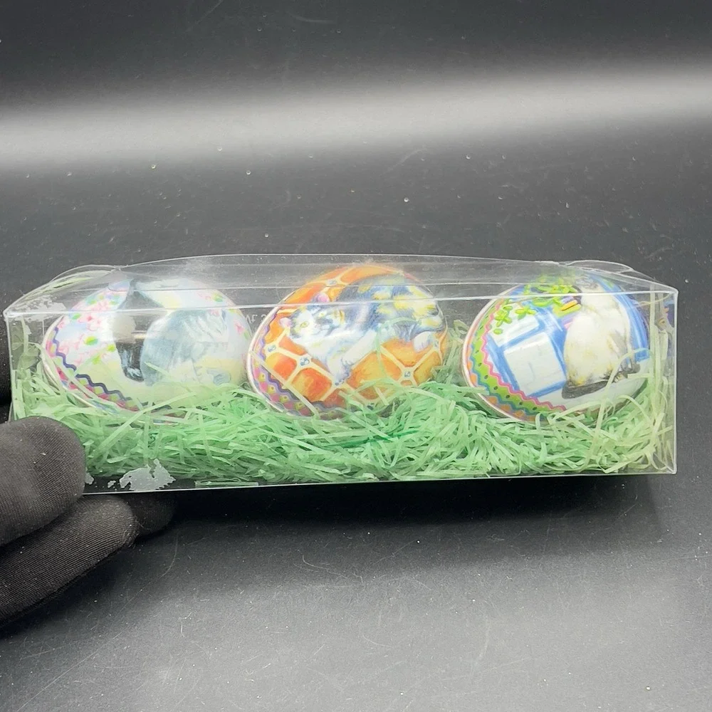 VTG Tin Metal Easter Egg Container w/ Kitty Cat Design Calico Tuxedo Set of 3